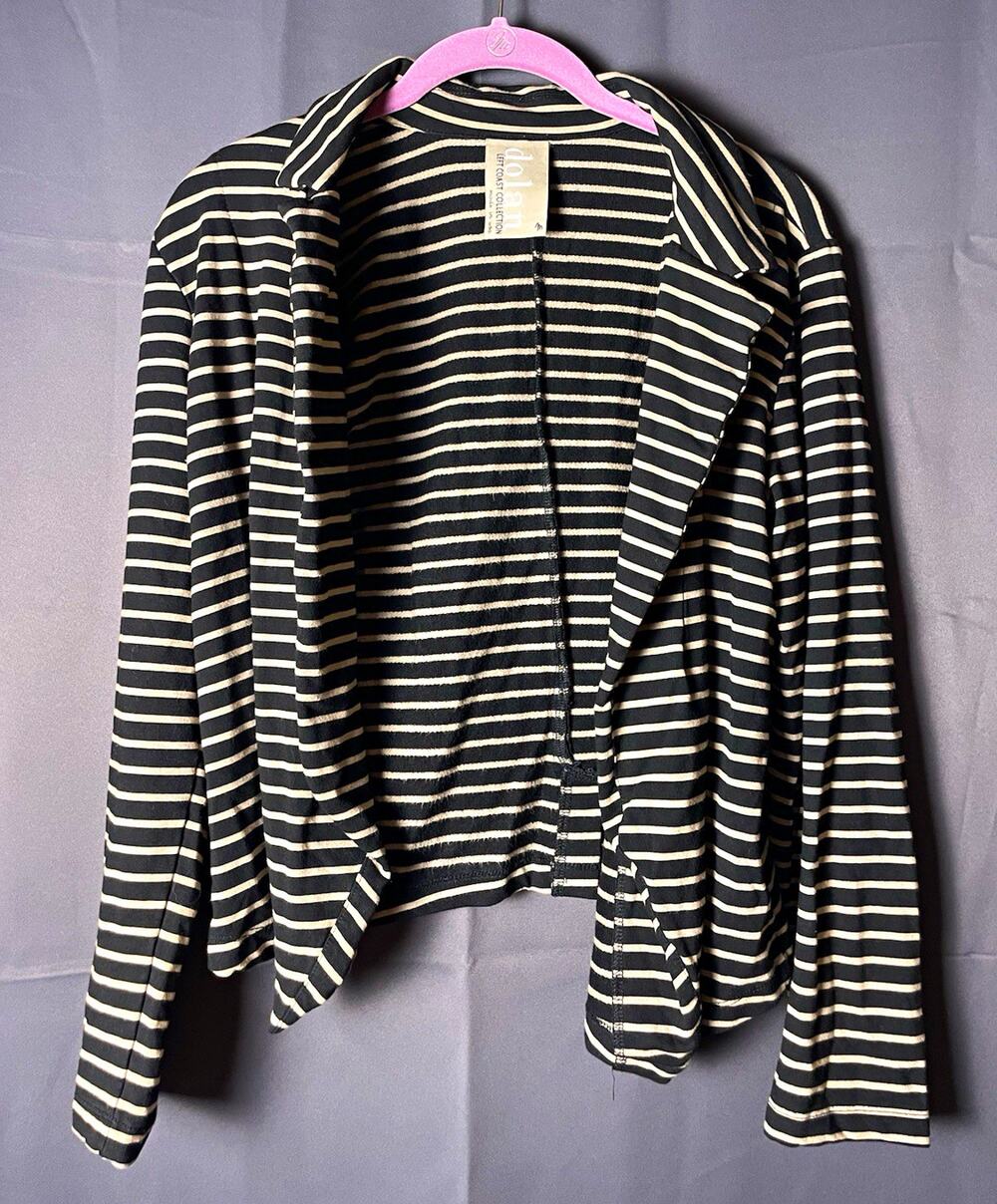 Dolan Women’s Black/Beige Striped Open-Front Collared Cardigan Sweater M